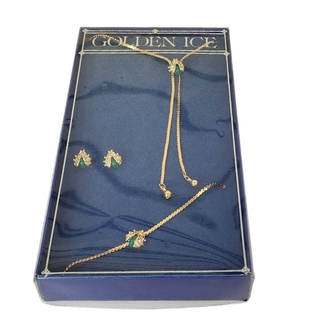 Golden Ice Ladybug‎ Pendant Necklace Bracelet Earrings Set Gold Tone Green Gem